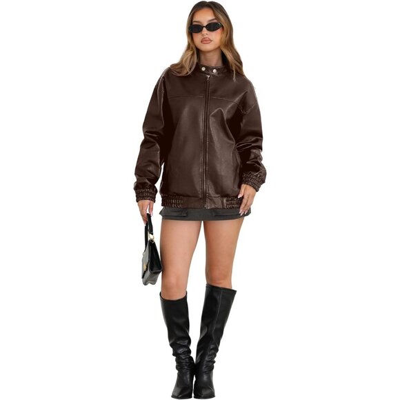 Women's Faux Leather Jacket Oversized B Black Bomber Coat Fall Winter Outfits - Picture 3 of 4